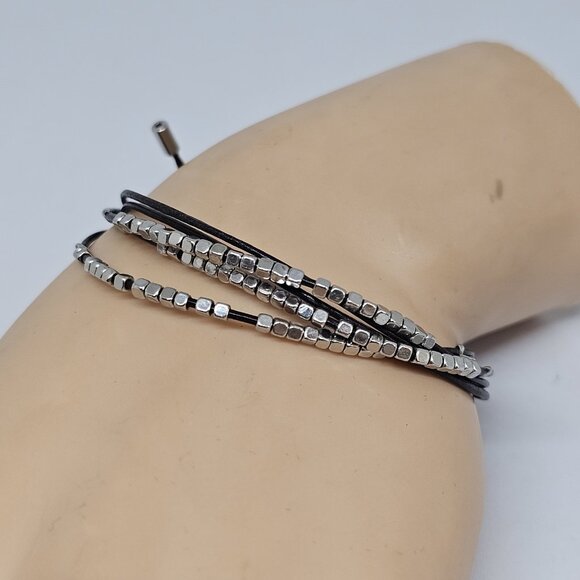 Fossil Brown Leather Multi Cord Silver Tone Beads Bracelet Boho - Picture 9 of 12